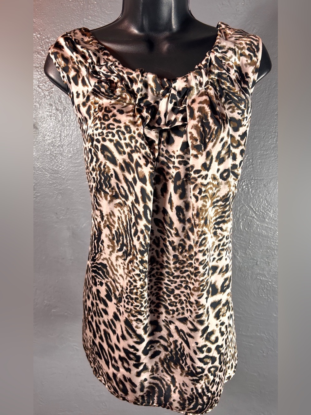 Violet & Claire Leopard Print Satin Blouse with Draped Ruffled Neckline Size XL